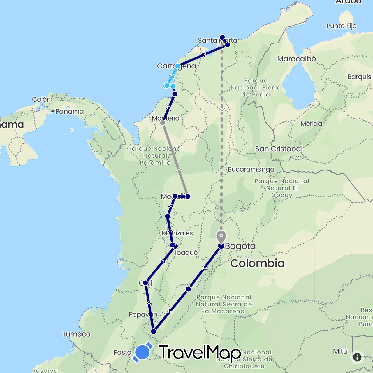 TravelMap itinerary: driving, plane, boat in Colombia (South America)