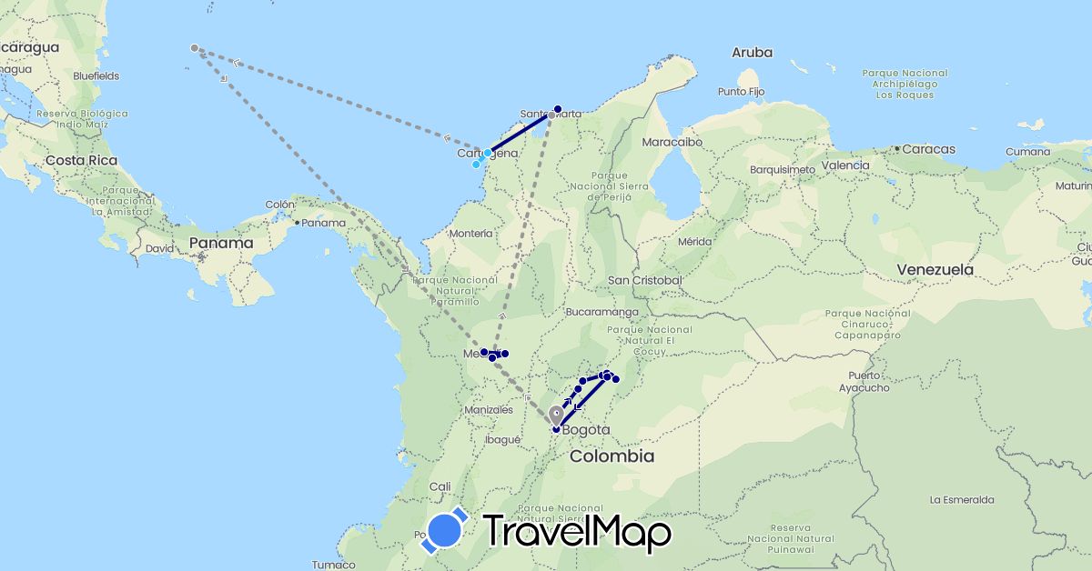 TravelMap itinerary: driving, plane, boat in Colombia (South America)
