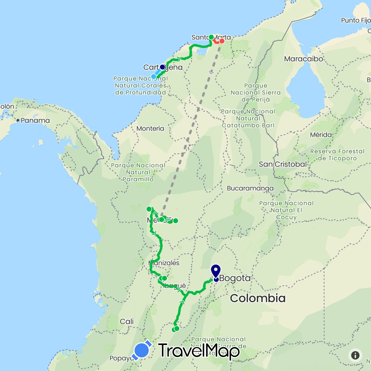 TravelMap itinerary: driving, bus, plane, hiking, boat in Colombia (South America)
