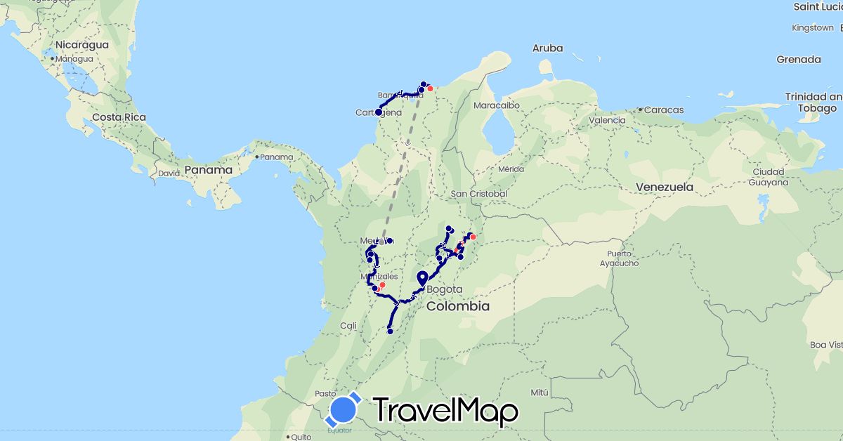 TravelMap itinerary: driving, plane, hiking in Colombia (South America)