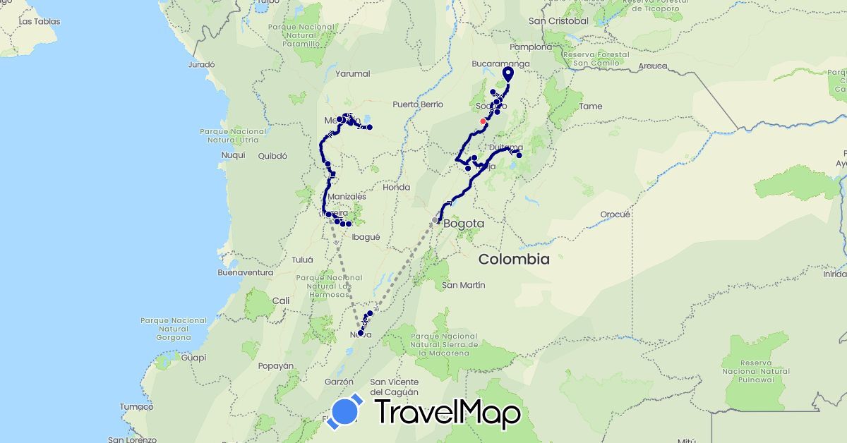 TravelMap itinerary: driving, plane, hiking in Colombia (South America)