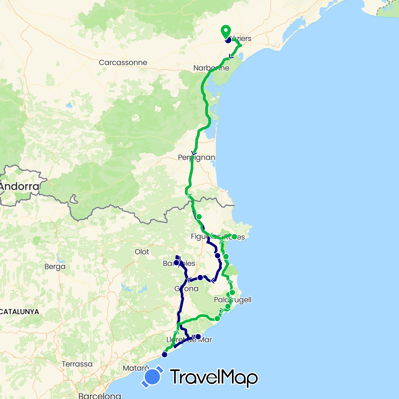 TravelMap itinerary: driving, bus in Spain, France (Europe)